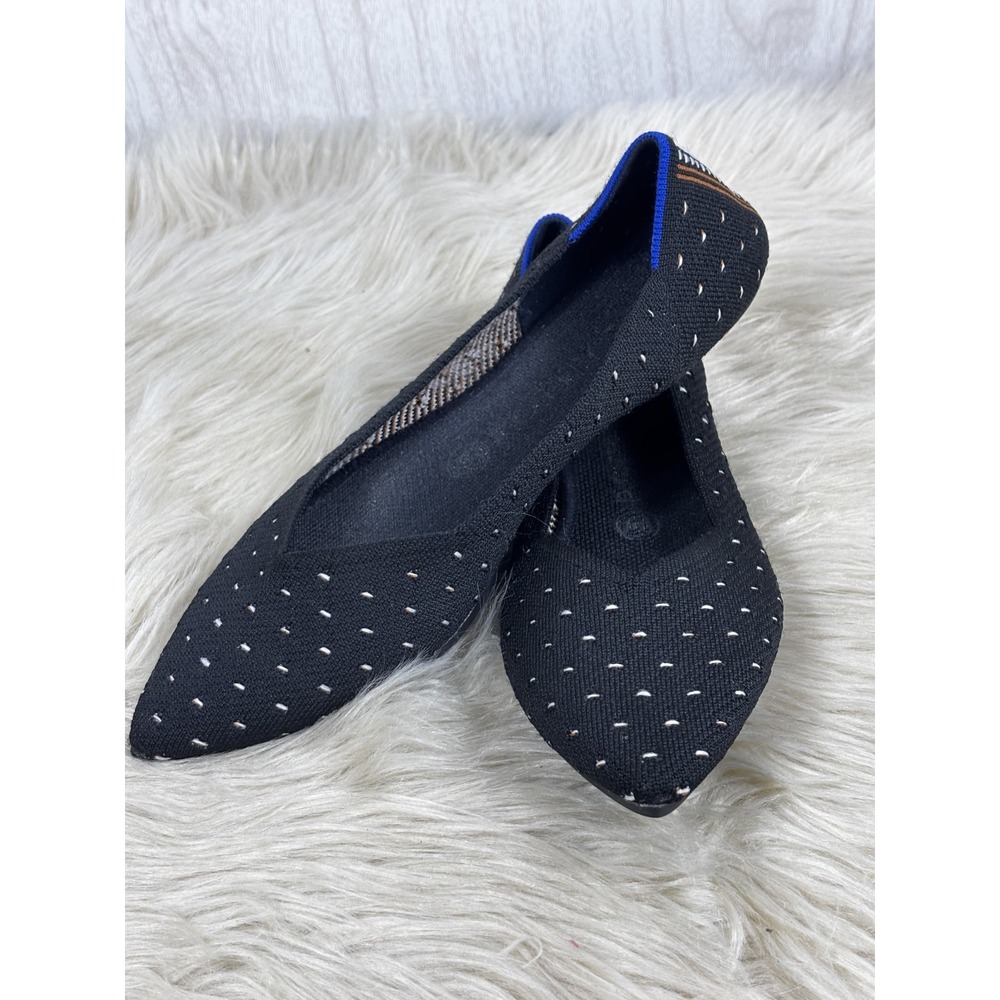 Rothys The Point Flats Women 8.5 Black White Dot Knit Blue Heel Balletcore Prep